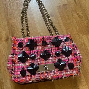 Kate Spade Pink Tweed Shoulder Bag with Black Floral Accents